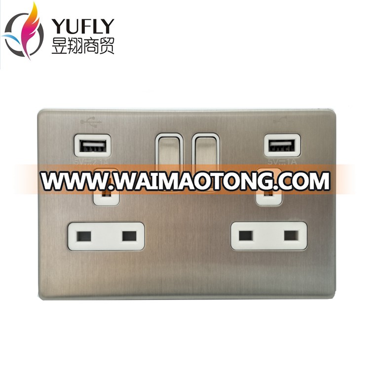 UK standard screwless satin chrome 2 gang 2 USB port wall usb controlled charge power switched house hotel socket